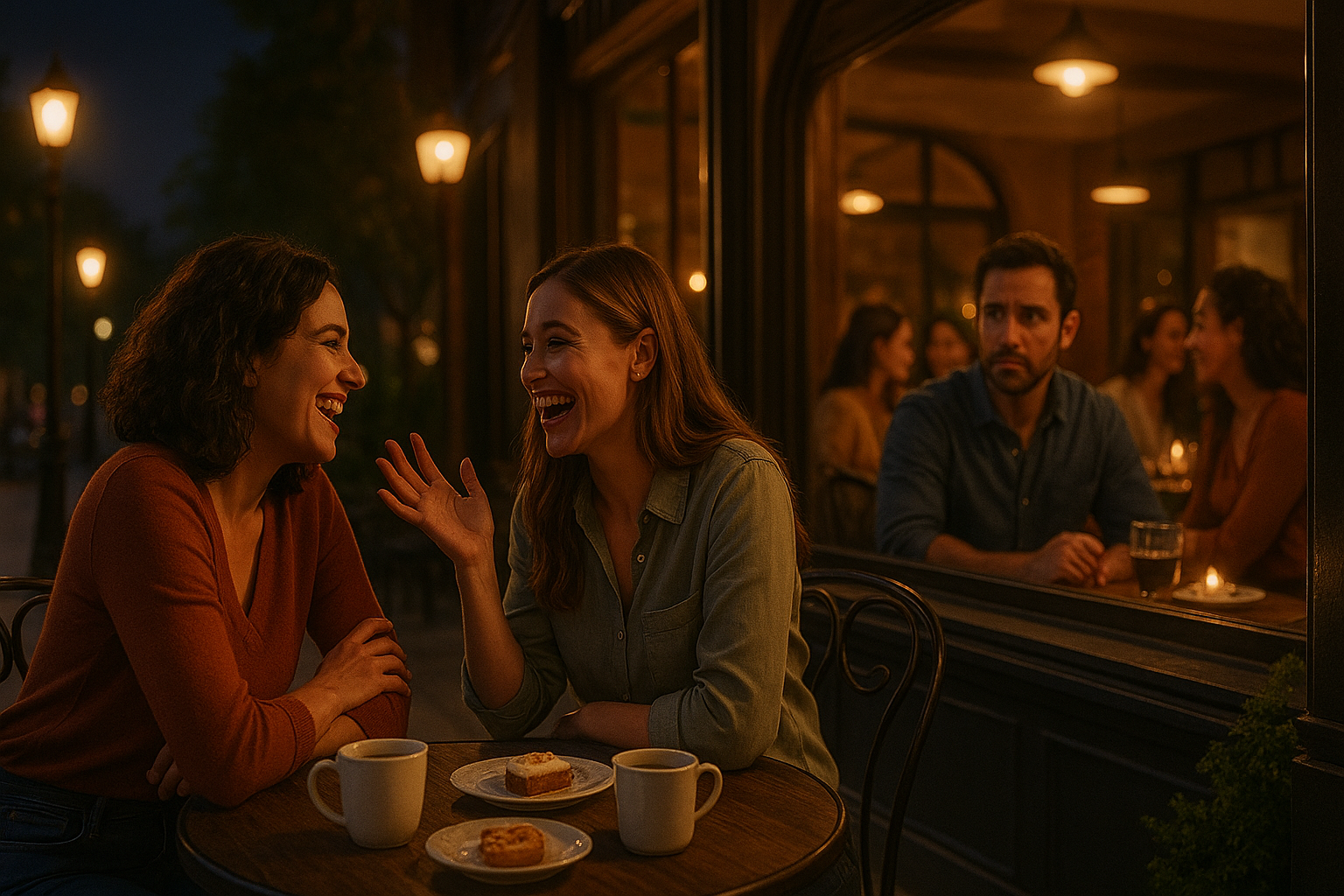 Deux femmes riant ensemble dans un café urbain, un homme observant avec attention.