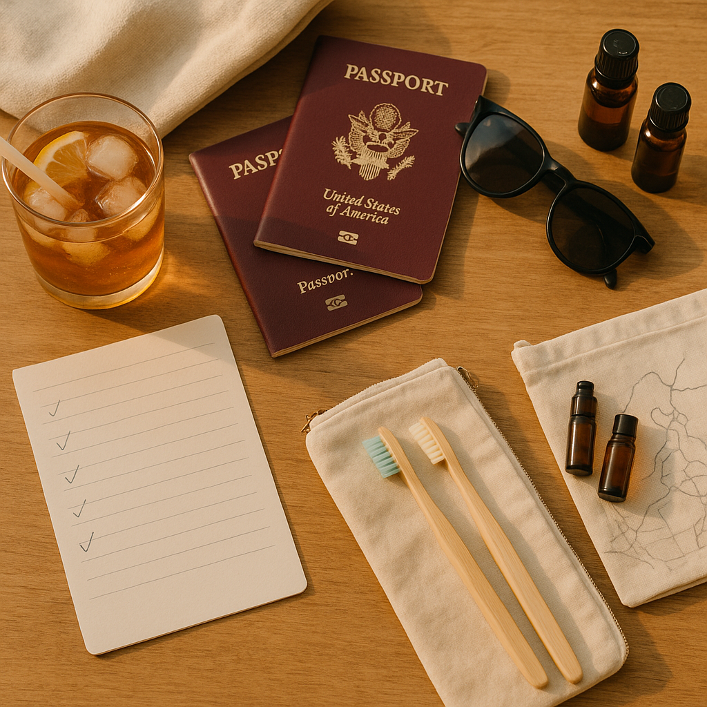 Checklist de préparation de voyage posée sur une table, entourée d'objets du quotidien