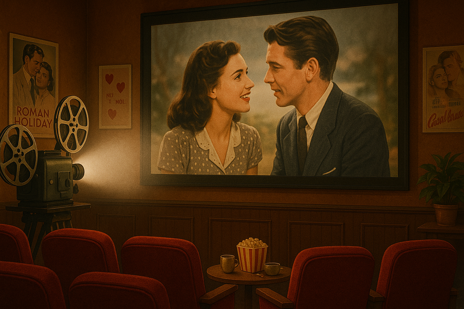 Un écran de cinéma vintage diffusant une scène d'un film d'amour.