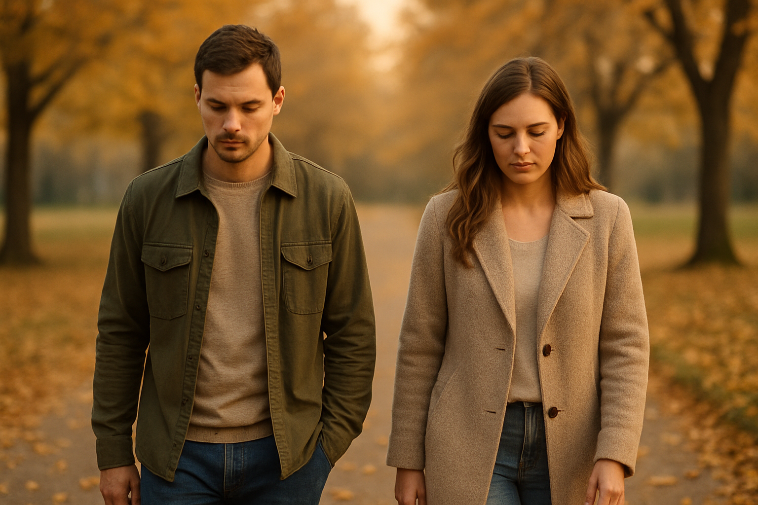 Couple marchant silencieusement dans un parc, éloignement émotionnel