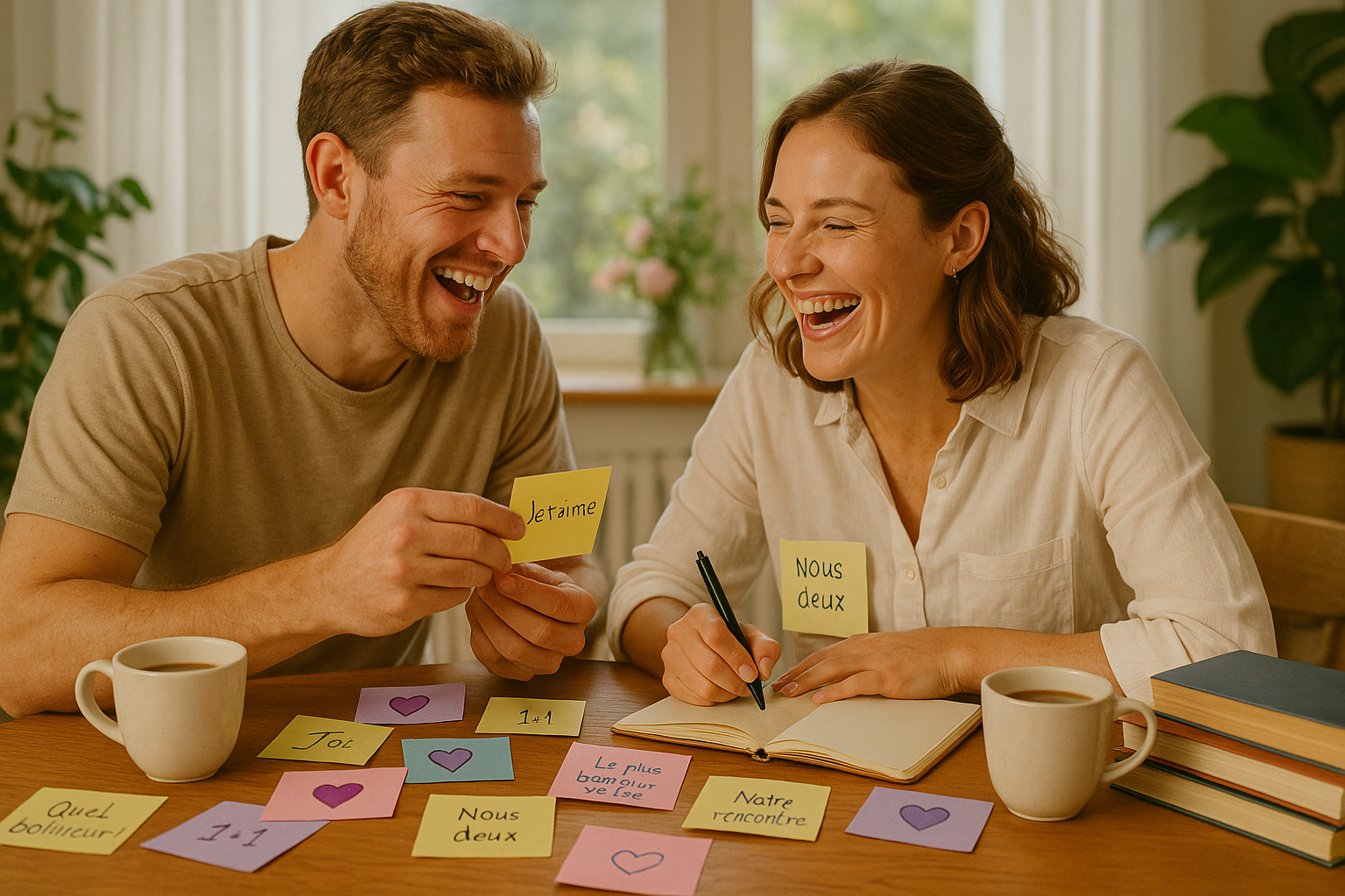 Couple en train d'écrire des vœux de mariage, entouré de post-it colorés et rires.