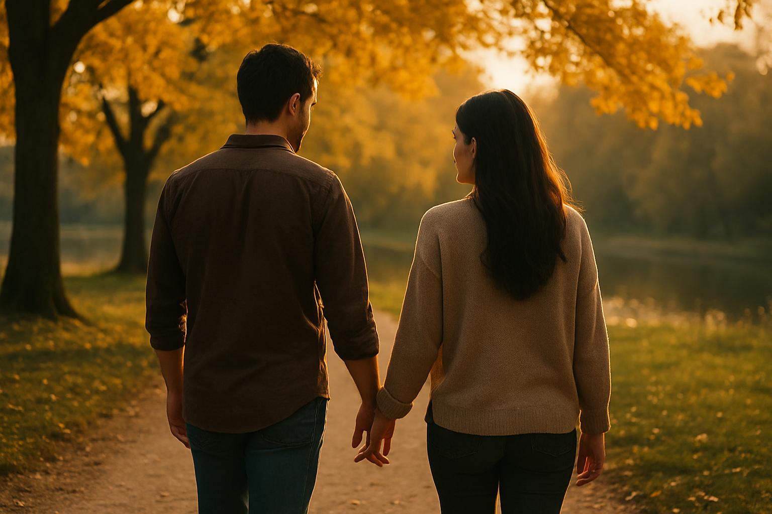 Couple marchant en silence dans un parc au coucher du soleil
