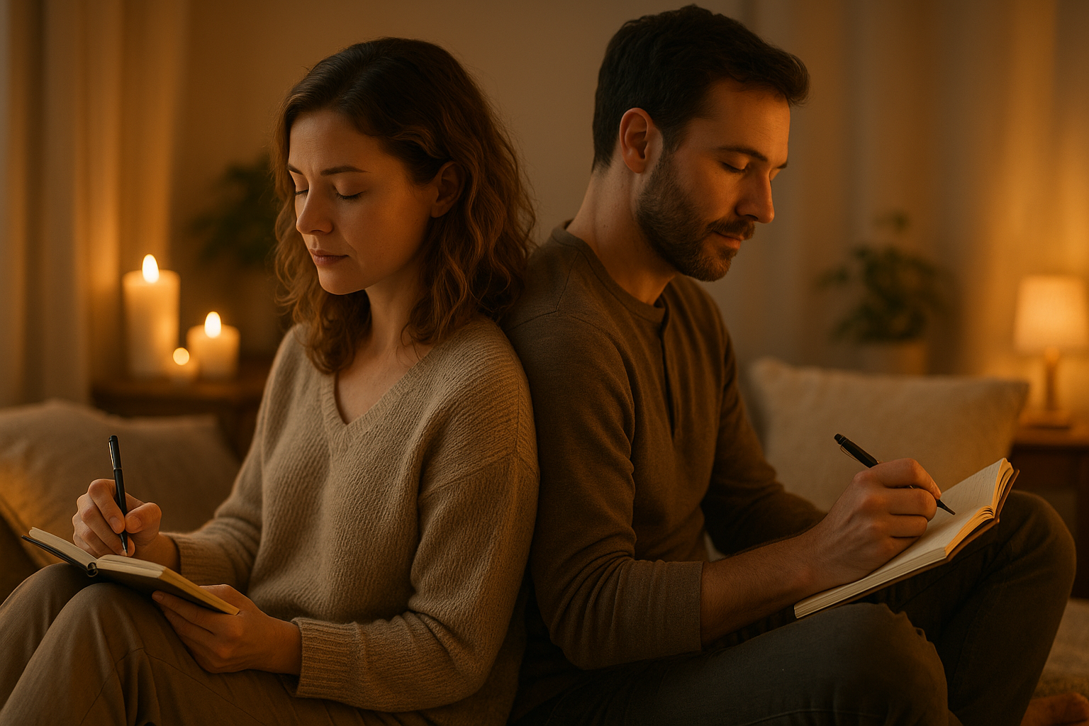 Deux partenaires écrivent dans un carnet, dos à dos, dans une ambiance introspective