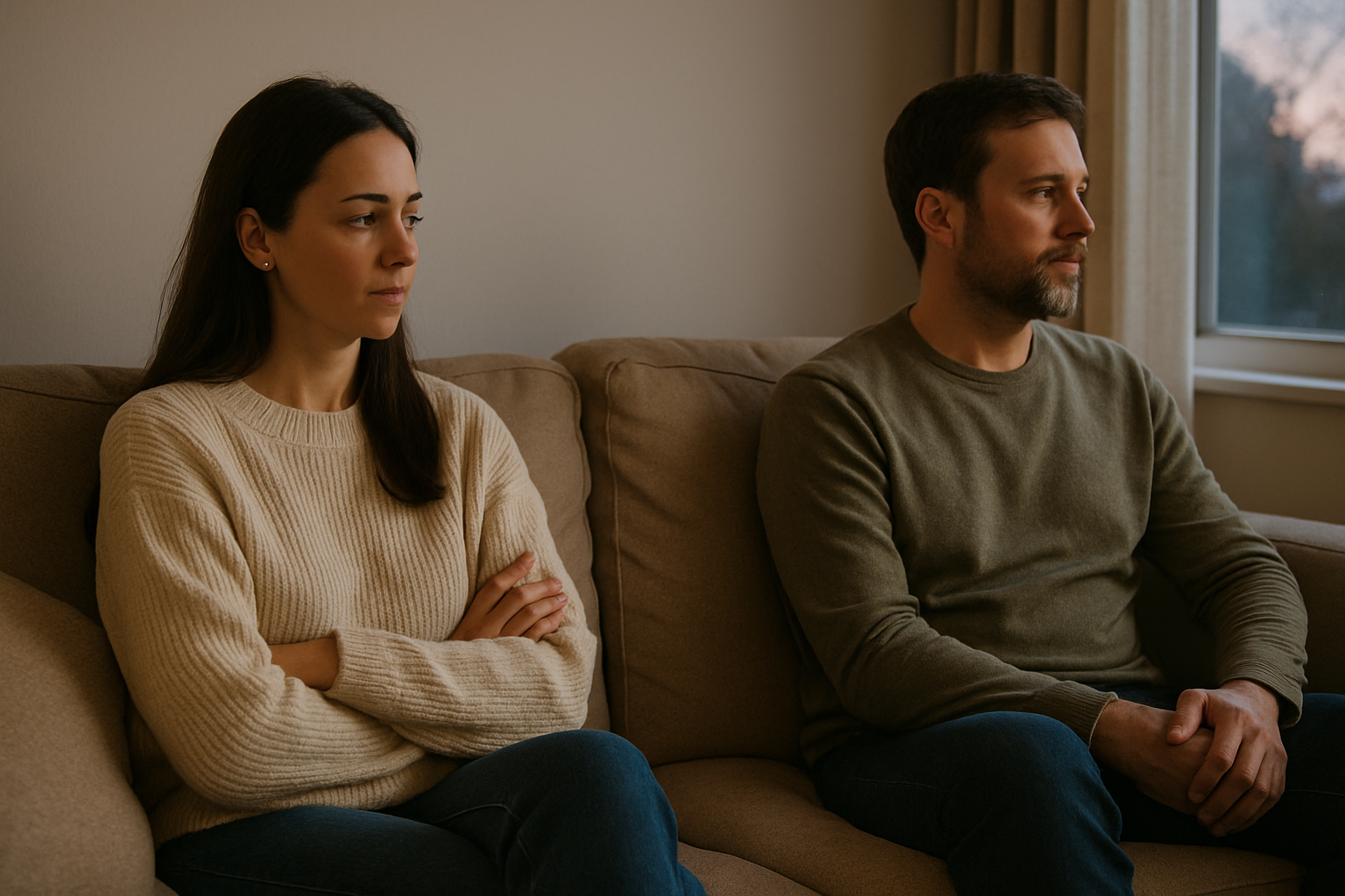Couple en silence sur un canapé, marqué par l'éloignement émotionnel