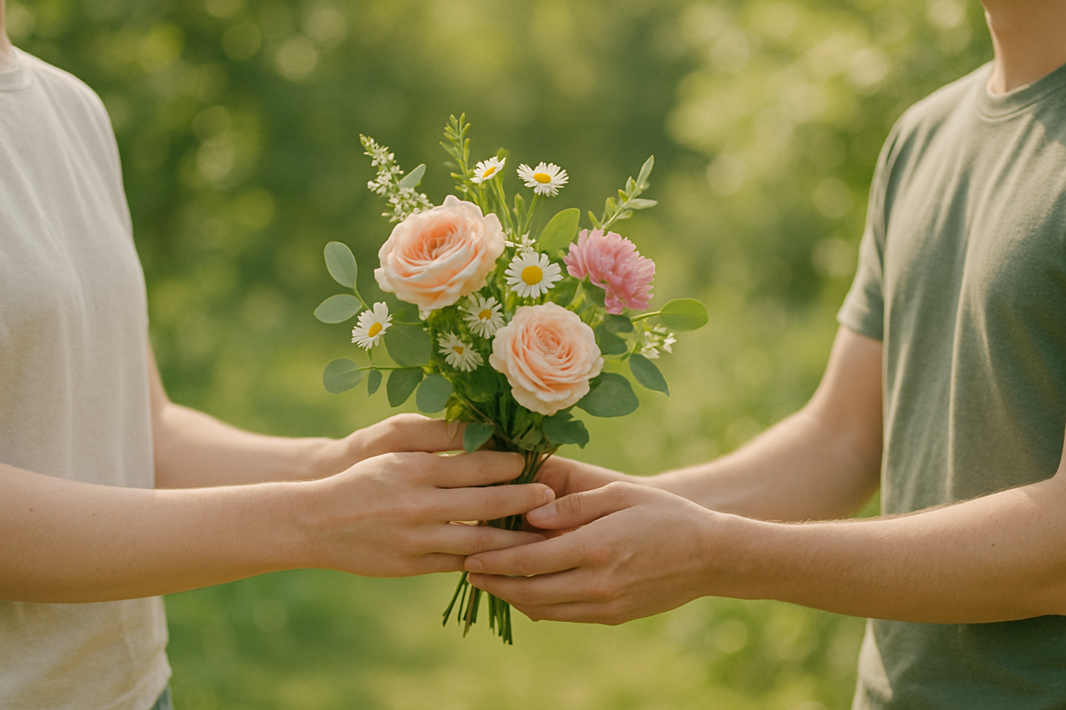Échange d'un bouquet dans un jardin
