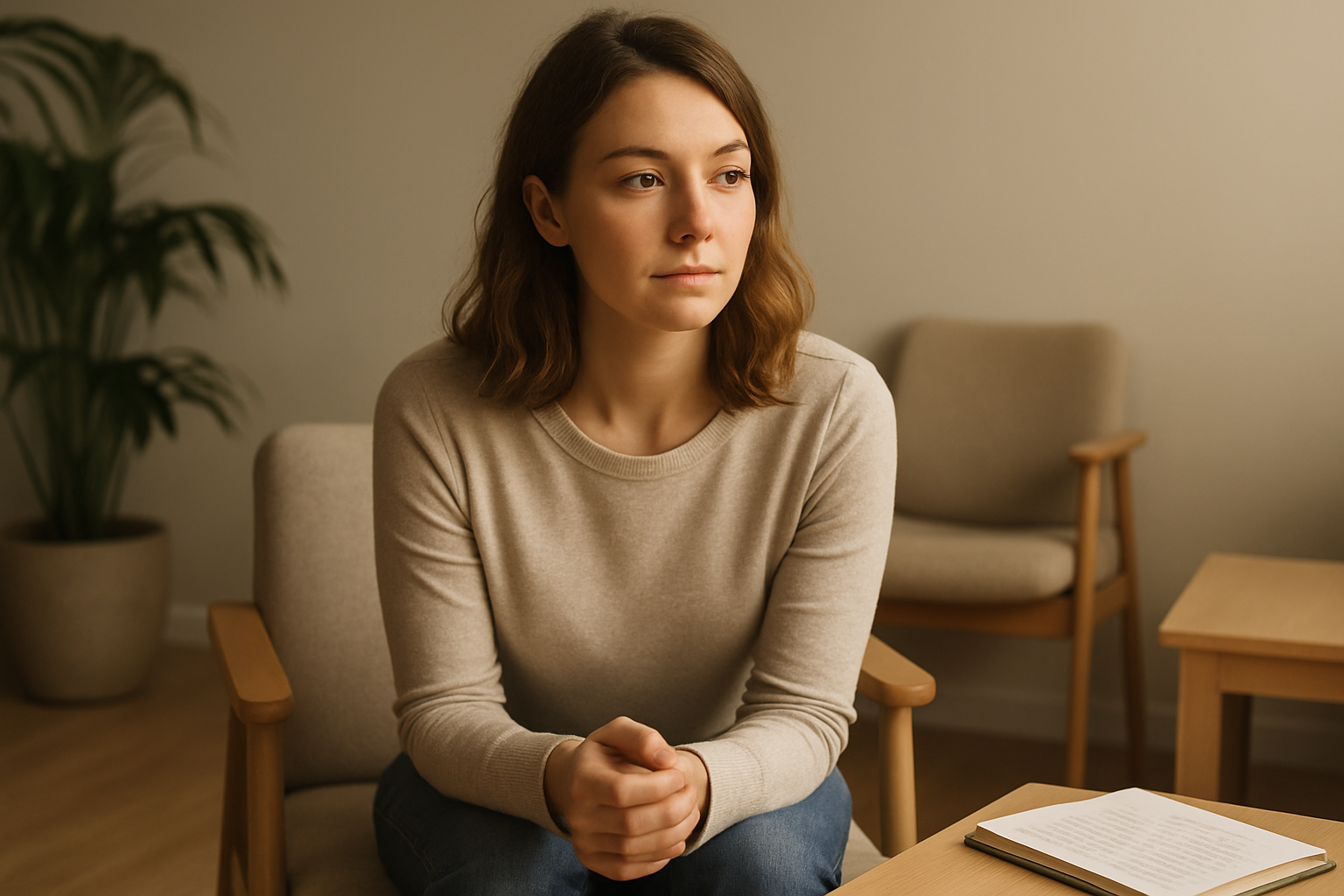 Femme seule en salle d'attente, prête à faire le premier pas