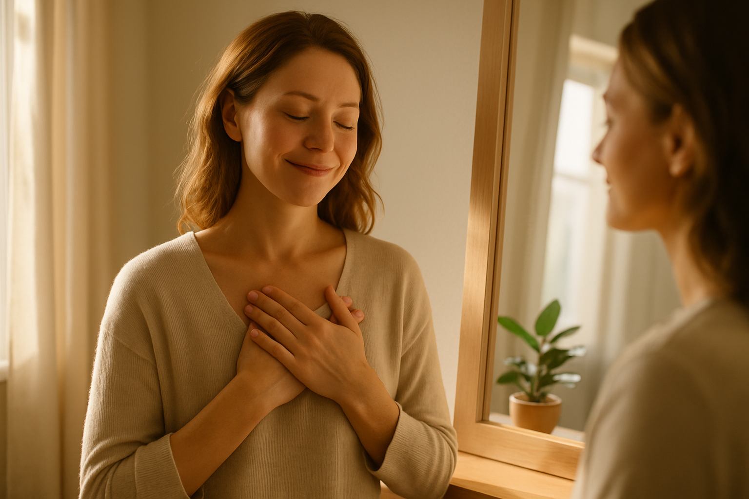 Femme se regardant avec douceur dans un miroir