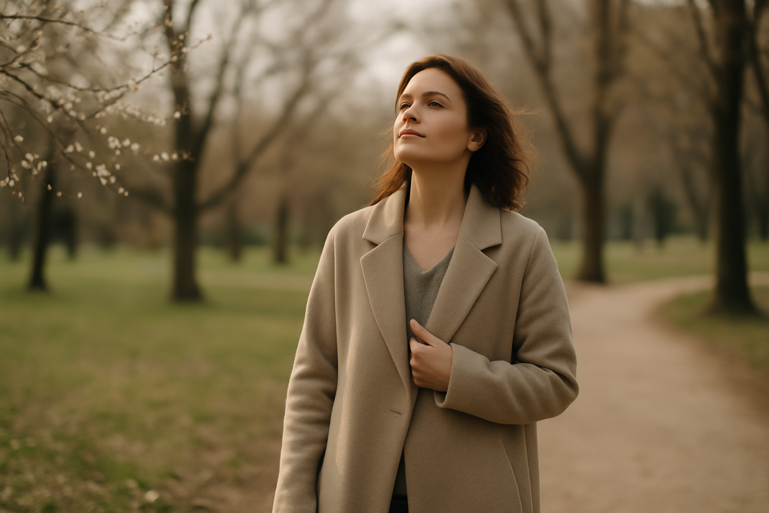 Femme seule dans un parc, en transition post-divorce