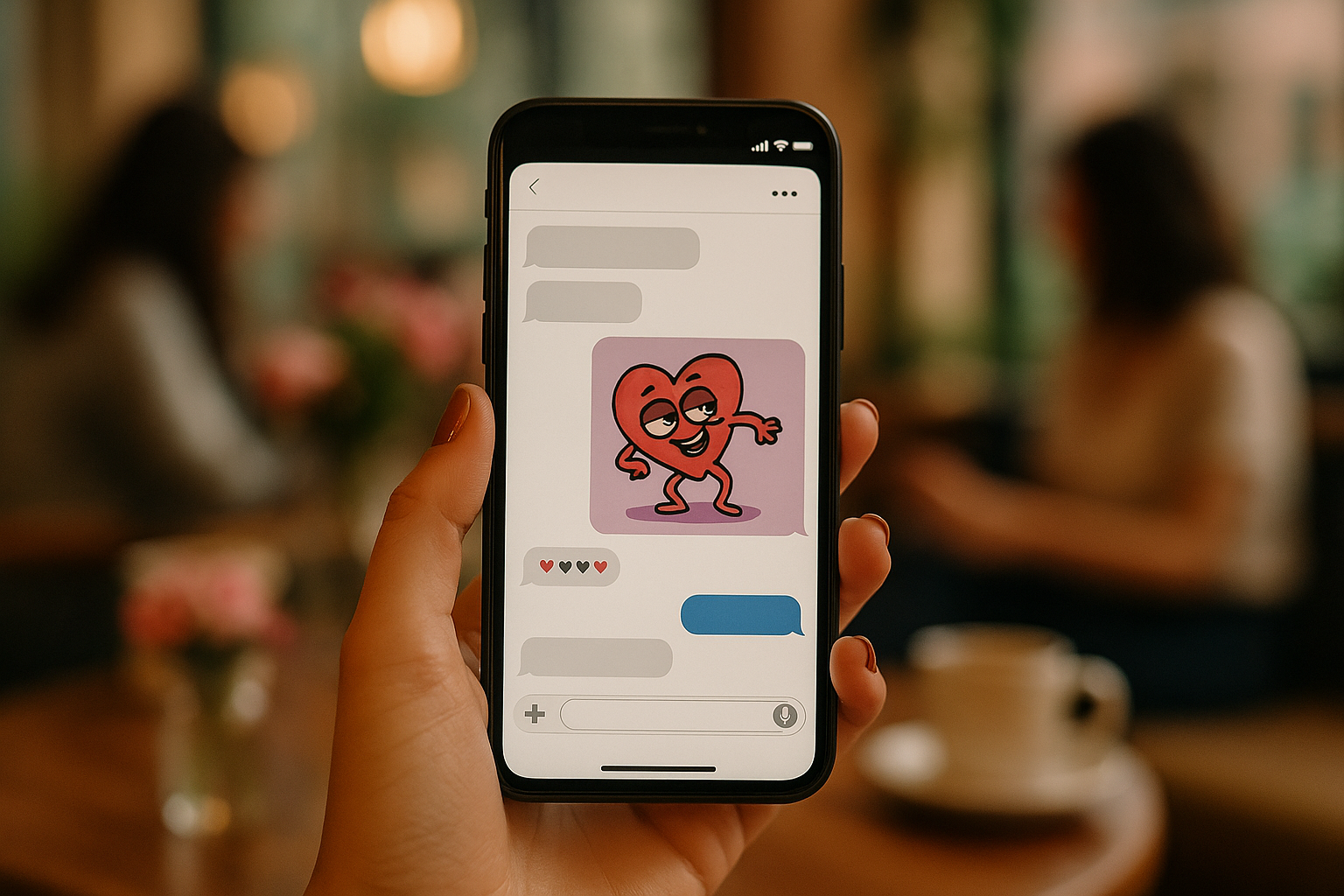 Une main tenant un smartphone avec un GIF visible, dans un café animé.