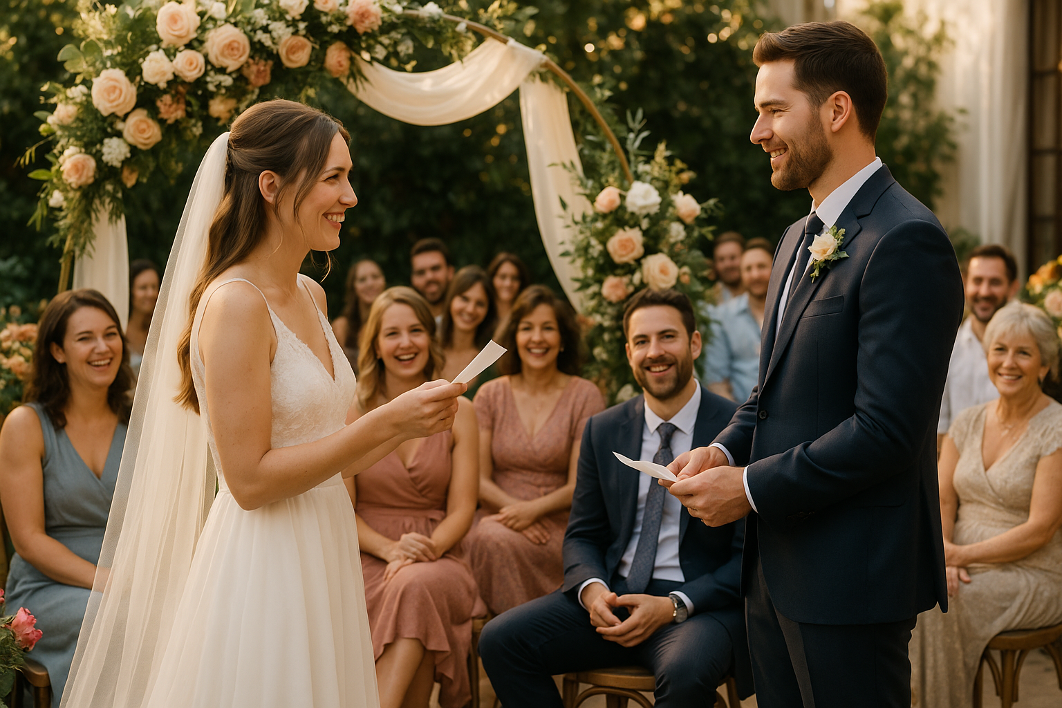 Invités souriants assistant à une cérémonie de mariage en écoutant les vœux du couple.