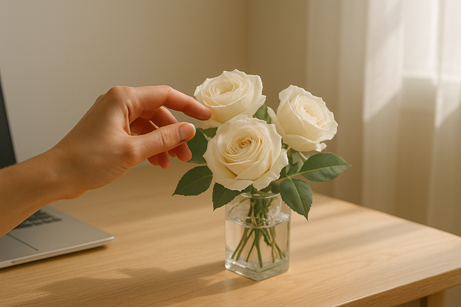 Main effleurant une rose blanche