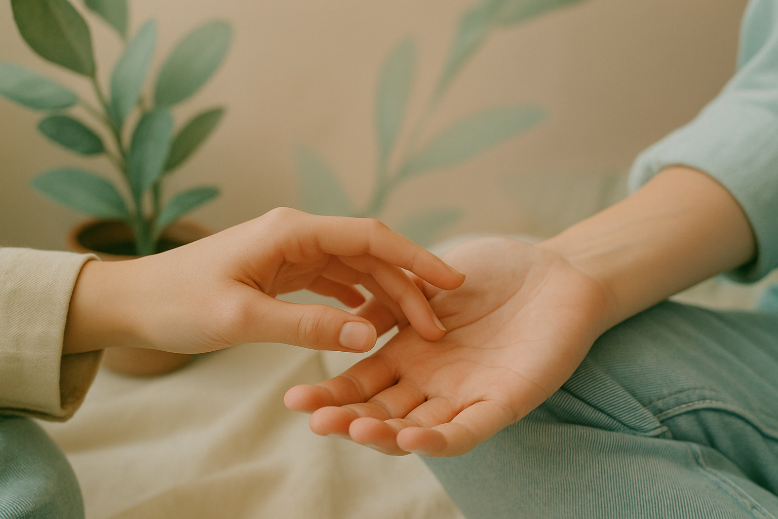 Une main effleurant doucement une autre main, symbole de confiance et de consentement.