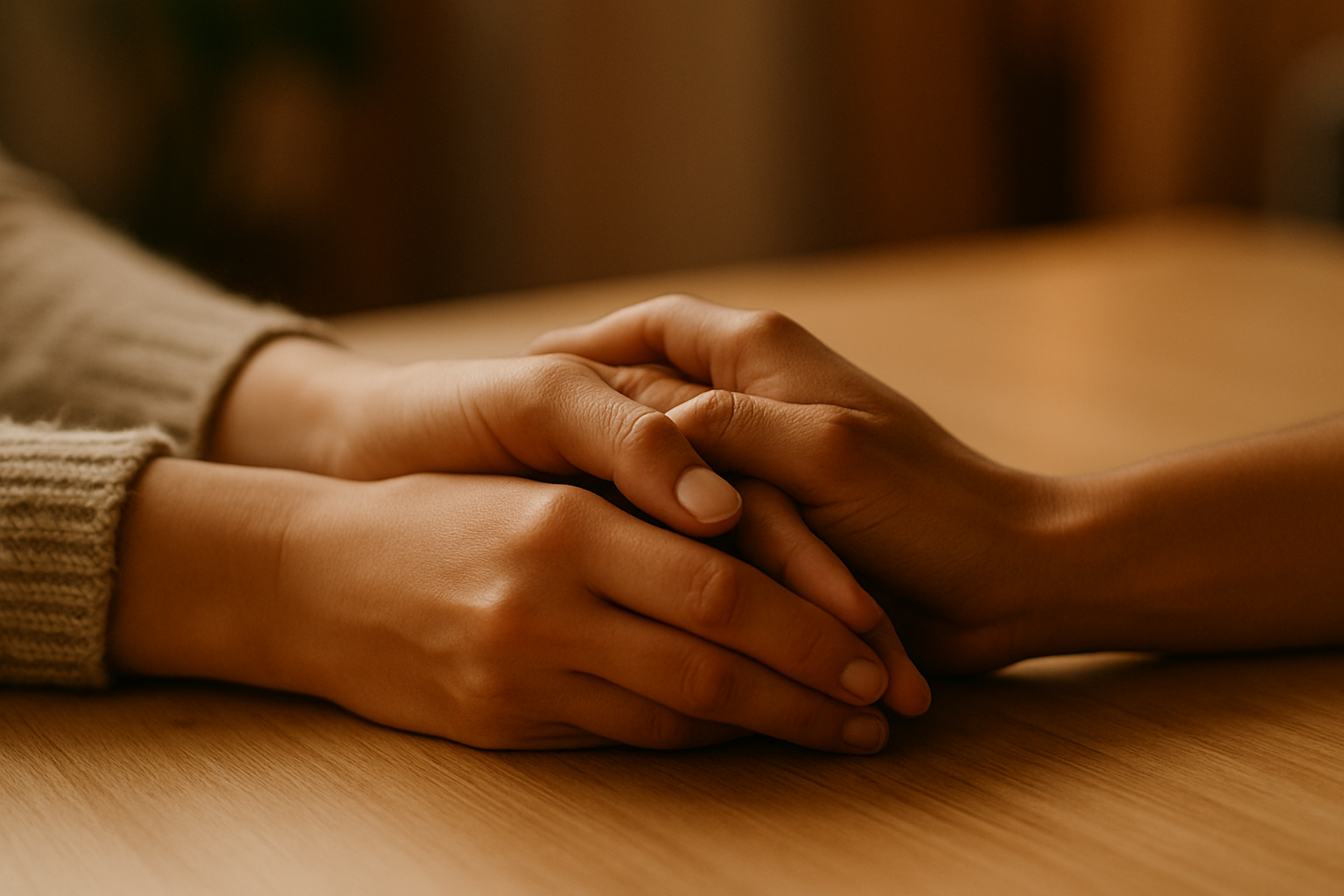 Mains posées ensemble, symbole de soutien et de dialogue