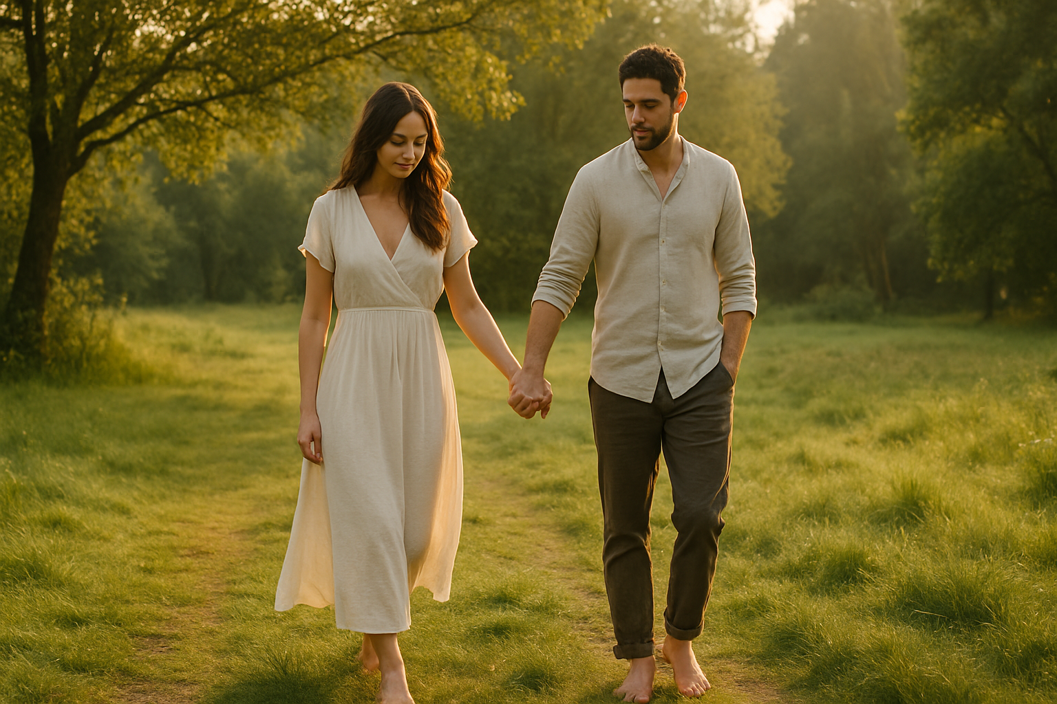 Couple marchant pieds nus dans la nature en connexion
