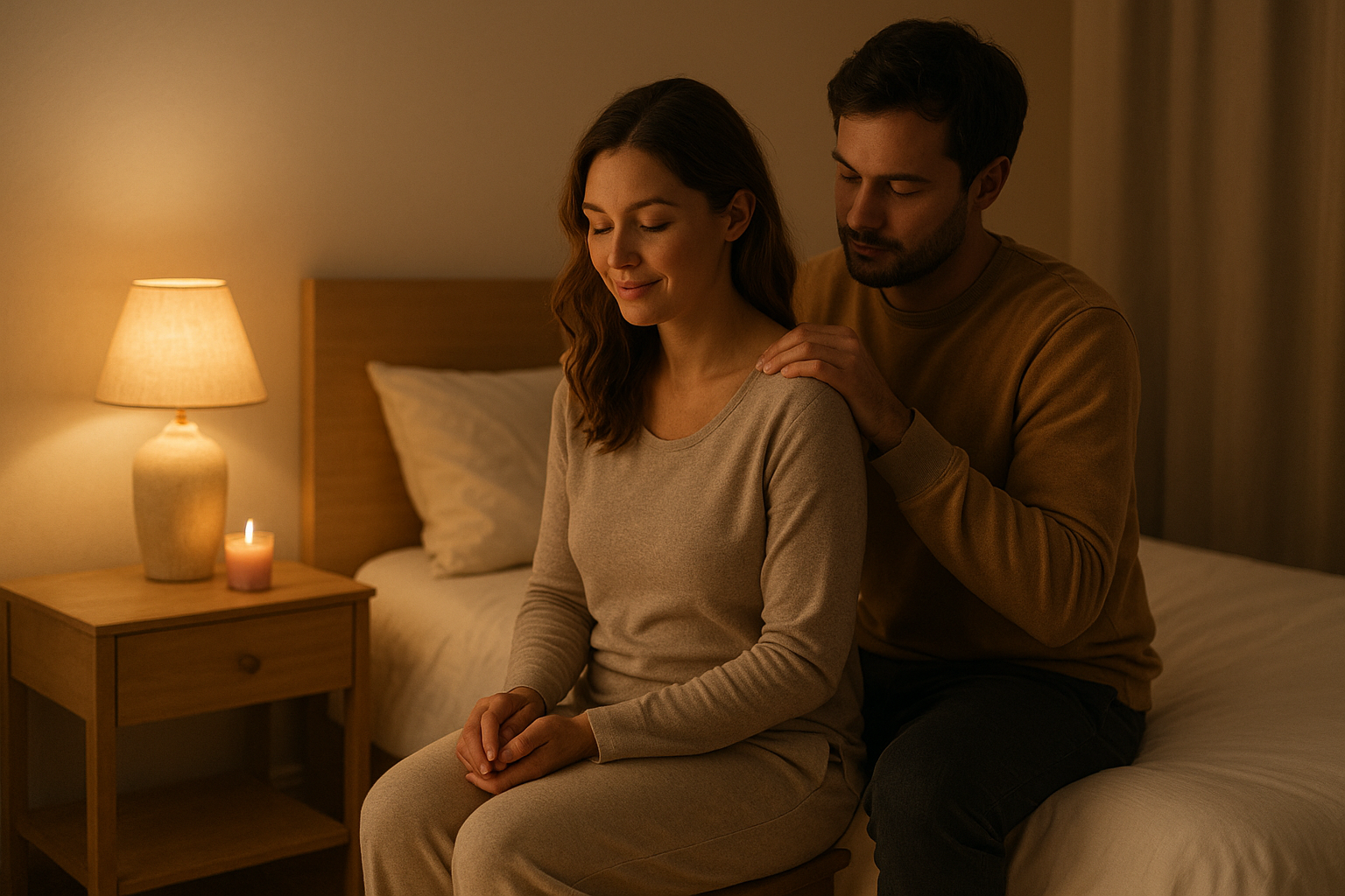Massage relaxant entre partenaires dans une chambre tamisée