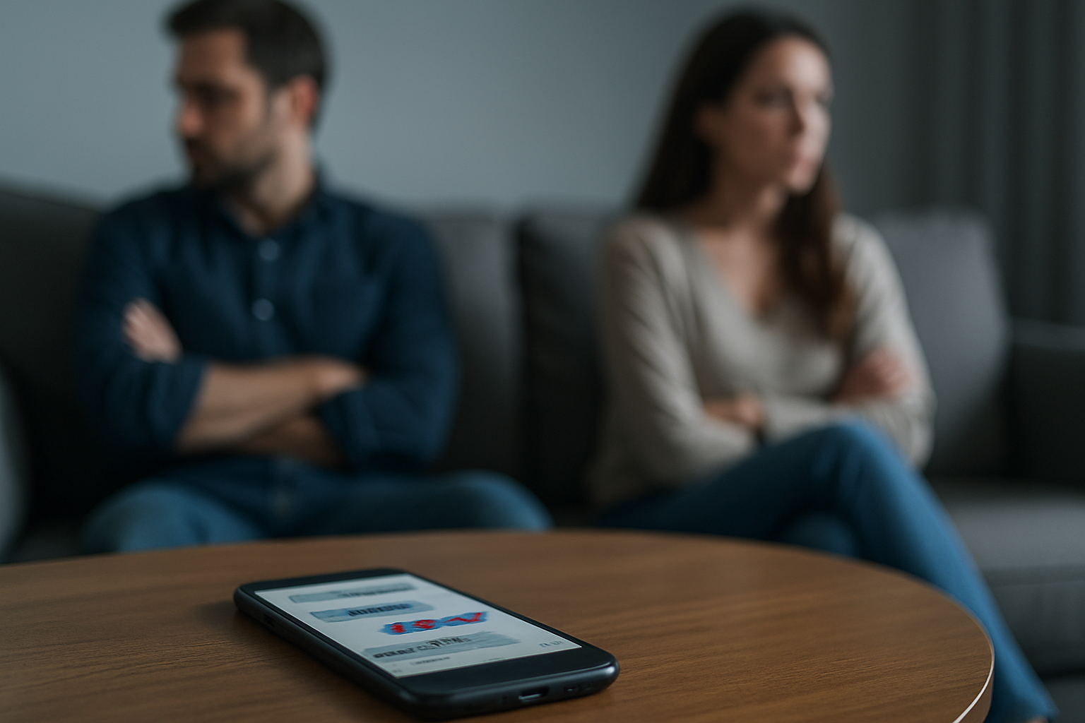 Messages suspects sur téléphone, couple distant en arrière-plan