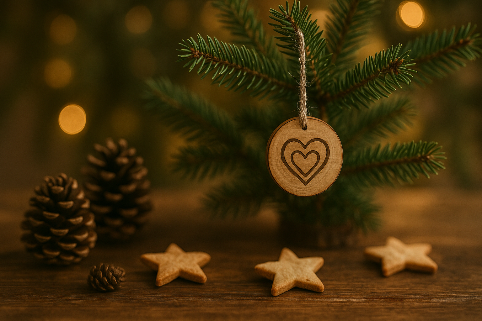 Ornement en bois gravé d'un cœur suspendu à une branche de sapin, pommes de pin et biscuits étoilés à côté