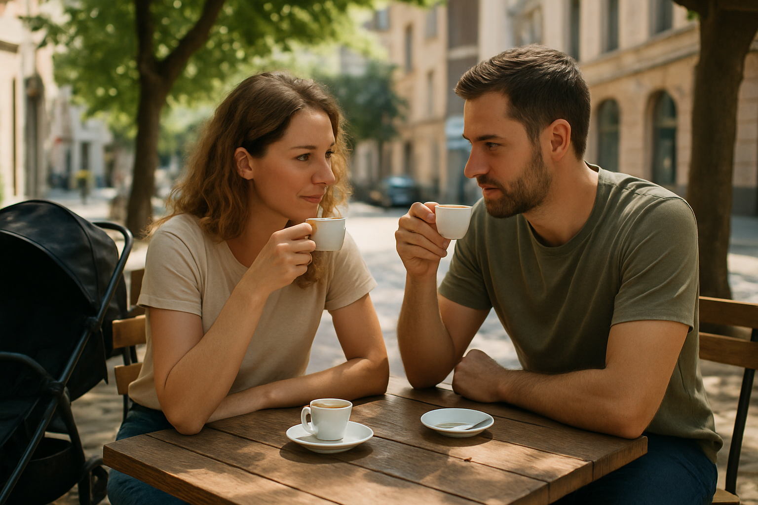 Pause-café à deux pendant la sieste de bébé sur une terrasse calme