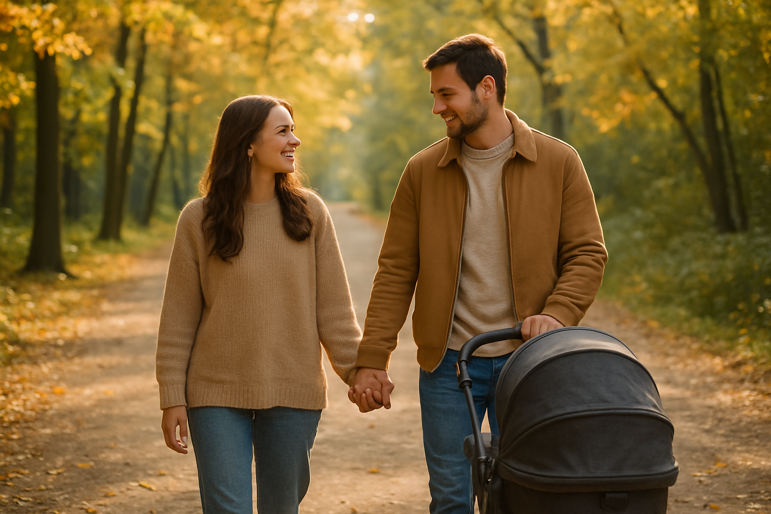 Couple se promenant main dans la main avec une poussette