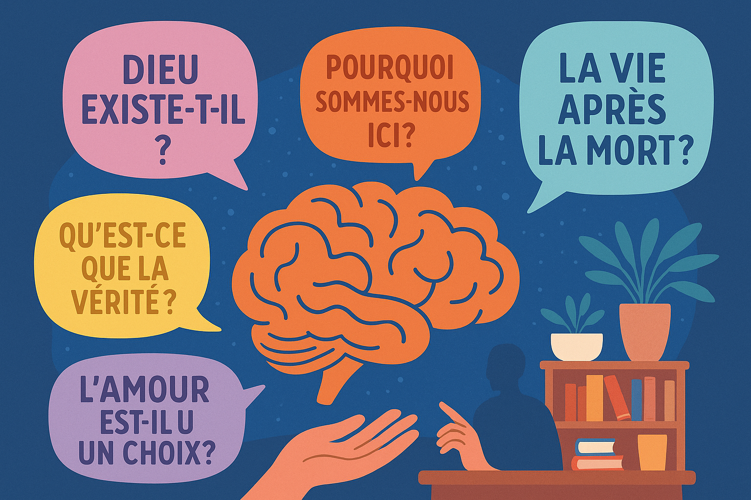 Représentation iconique de questions philosophiques et éthiques.