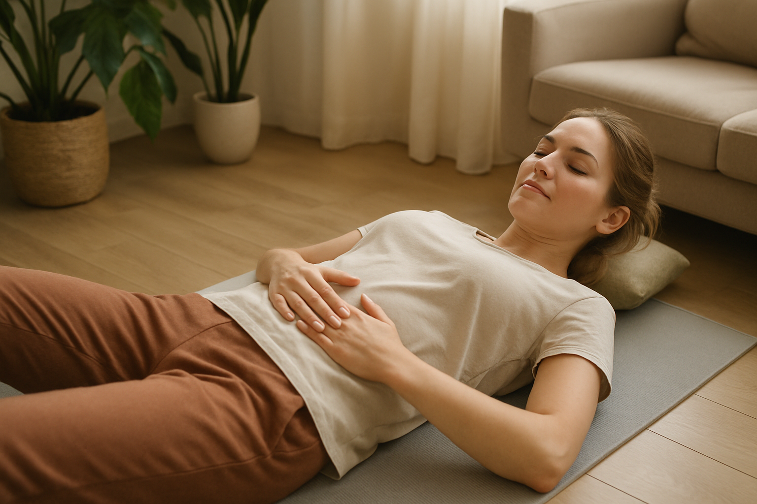 Femme reconnectée à elle-même, en pleine écoute corporelle