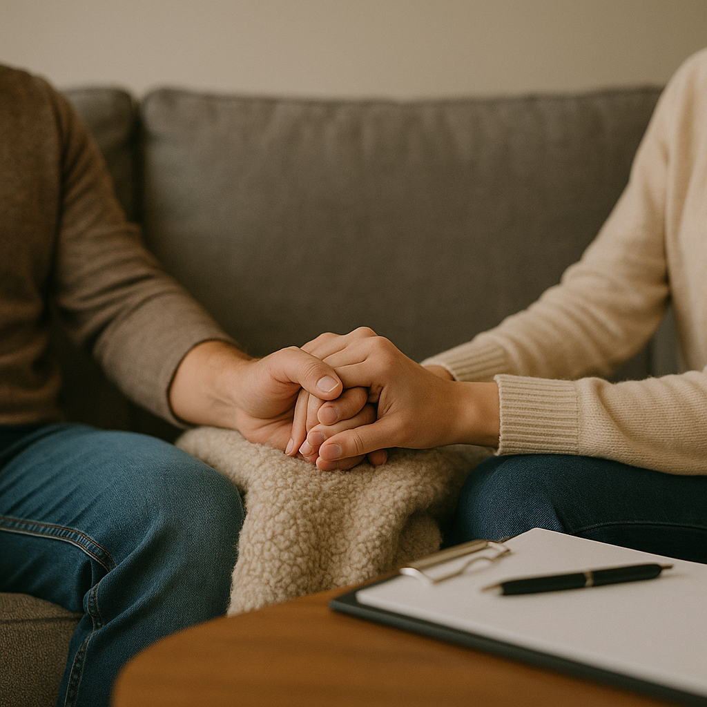 Couple main dans la main dans un cabinet