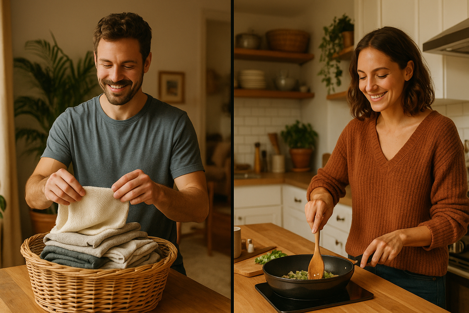 Un homme plie du linge pendant que sa partenaire cuisine, dans un intérieur chaleureux