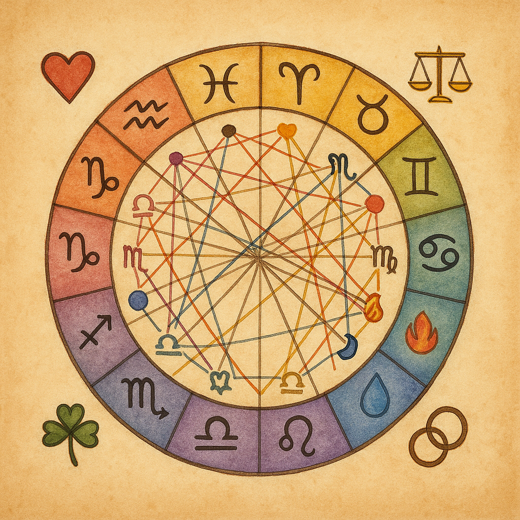 Roue astrologique illustrée avec des connexions entre signes selon leur compatibilité