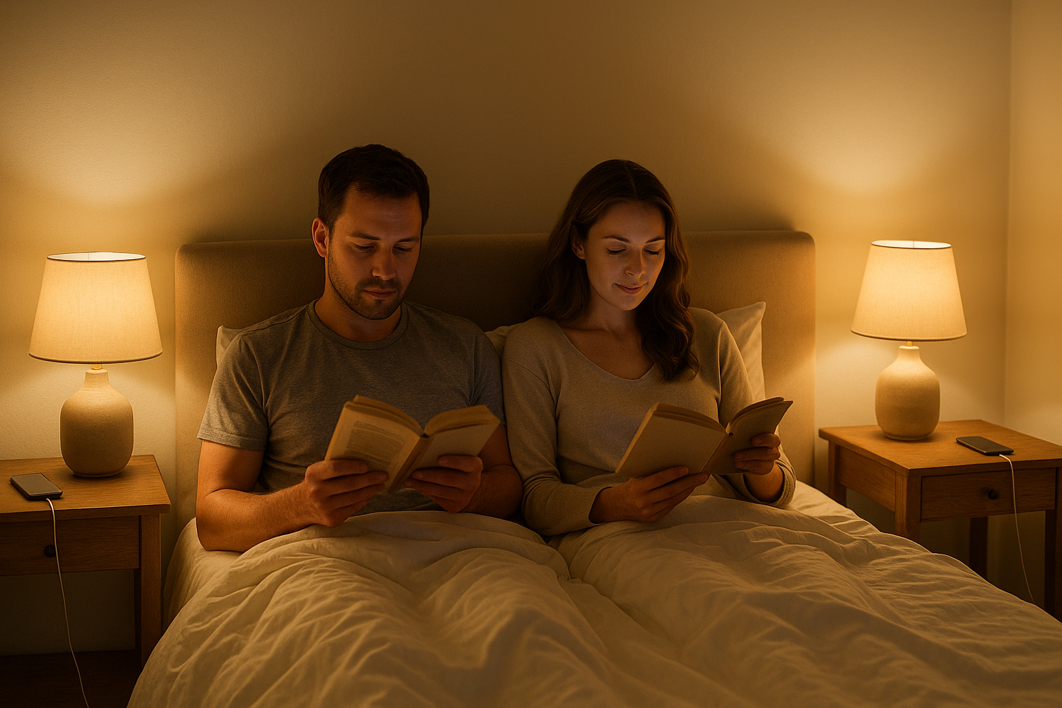 Soirée sans écran : lecture côte à côte dans une chambre apaisante