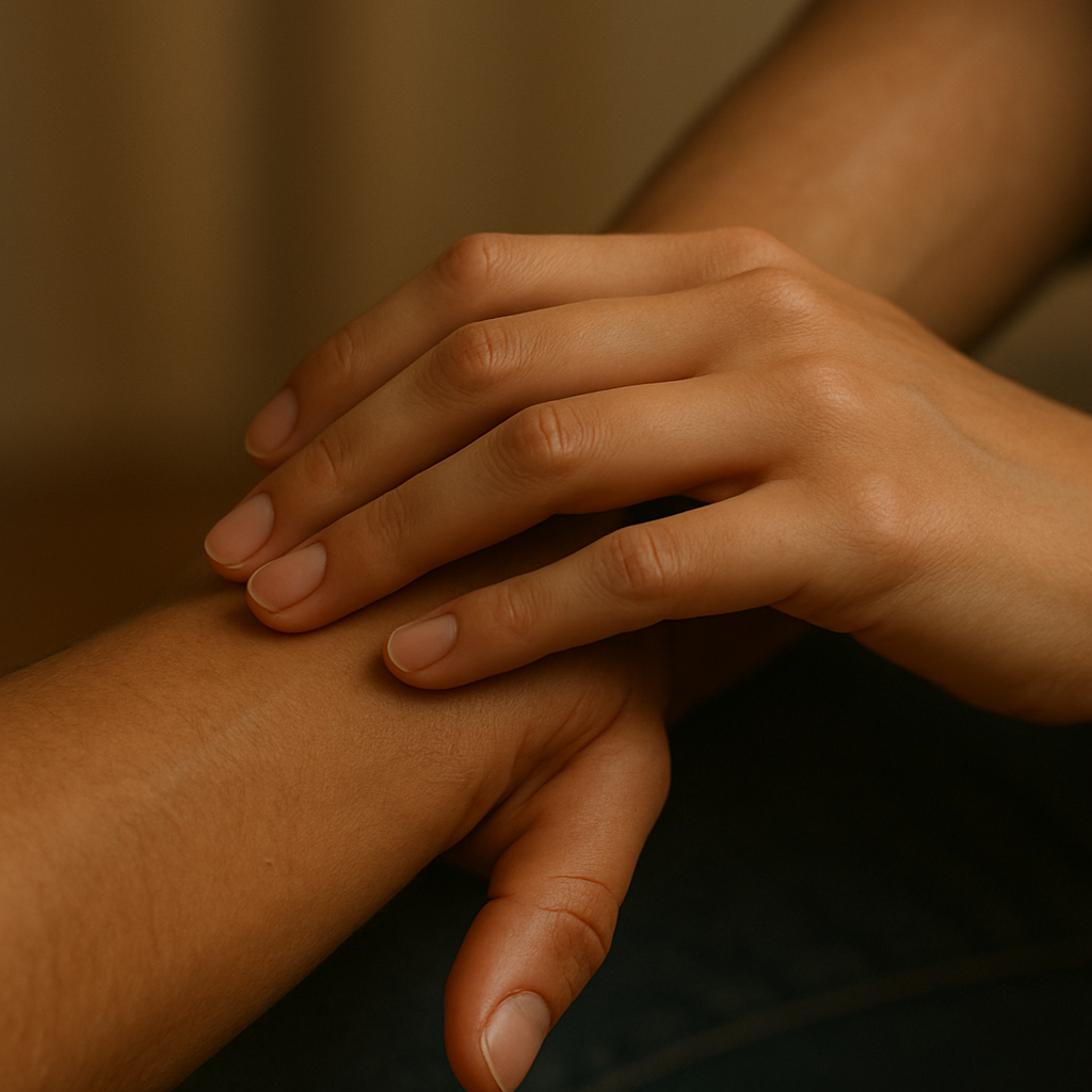 Mains se touchant délicatement
